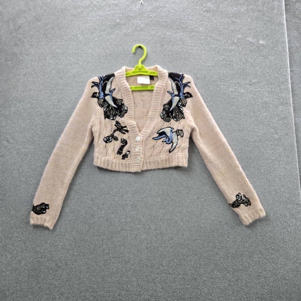 Anthropologie Women Cardigan XS Beige Wendy Wurtzburger Embroidered Cranes READ
